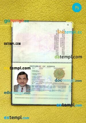 Kenya passport editable PSD files, scan and photo-realistic look (2011-2019), 2 in 1