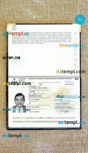 Portugal passport editable PSD files, scan and photo look templates (2006-2017), 2 in 1