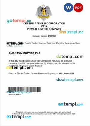 South Sudan business registration certificate Word and PDF template