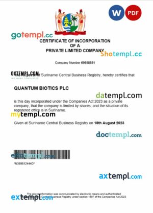 Suriname business registration certificate Word and PDF template