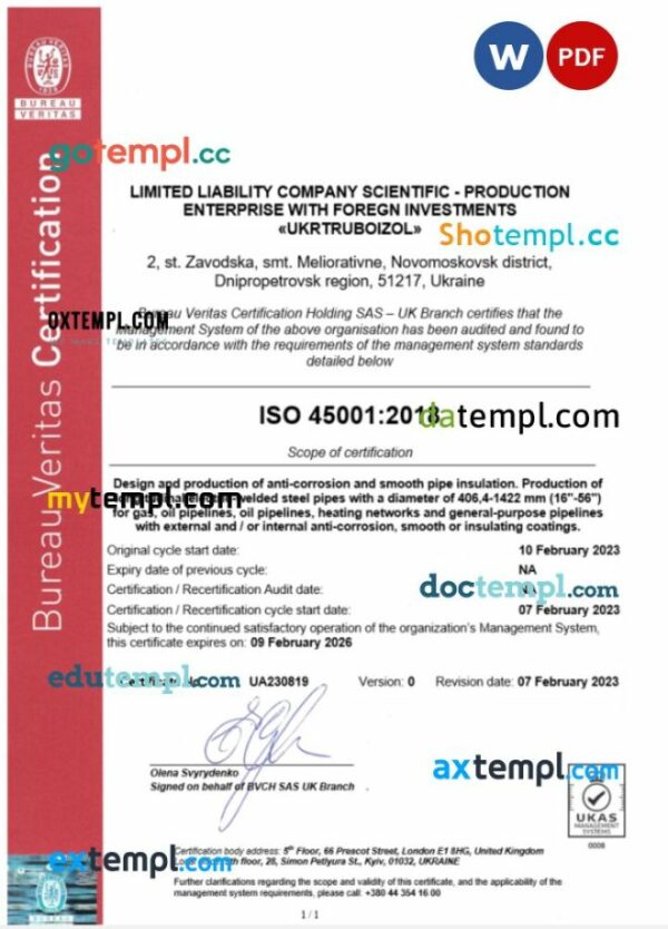 UK Bureau Veritas ceritificate of business registration Word and PDF template