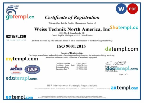 USA ISO certificate of registration Word and PDF template