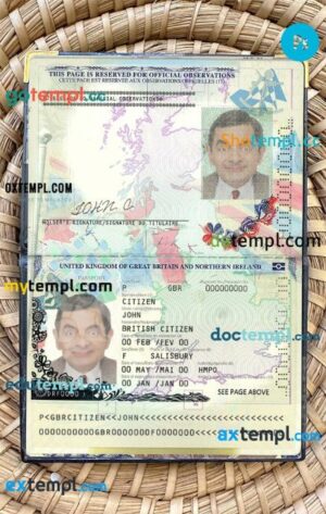 United Kingdom of Great Britain passport editable PSD files, scan and photo look templates (2015-2020), 2 in 1