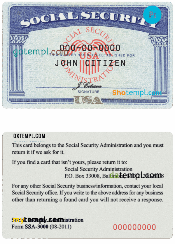 USA SSN (social security card, number) examples in PSD format