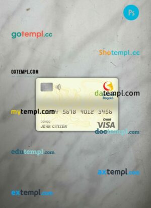 Colombia Banco de bogotá bank visa debit card PSD scan and photo-realistic snapshot, 2 in 1