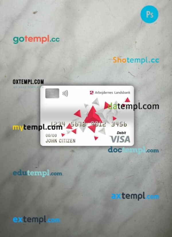 Denmark Arbejdernes landsbank bank visa debit card PSD scan and photo-realistic snapshot, 2 in 1