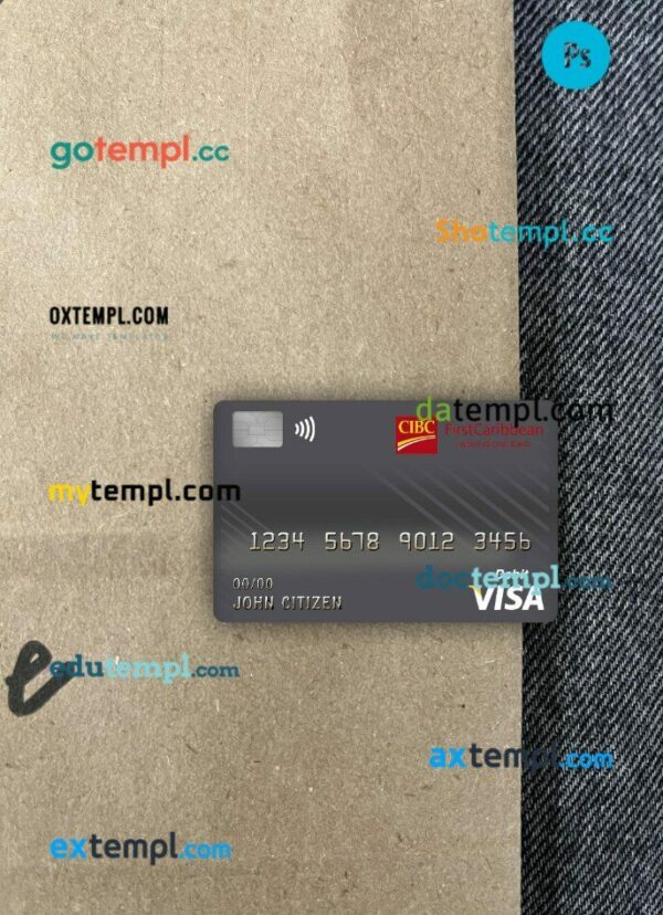 Dominica Cibc first caribbean international bank visa debit card PSD scan and photo-realistic snapshot, 2 in 1