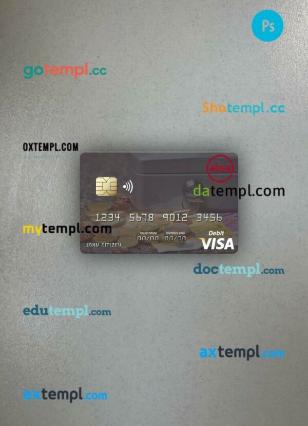Mozambique Absa Bank Mozambique visa debit card PSD scan and photo-realistic snapshot, 2 in 1
