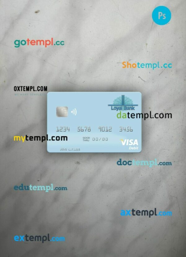 Saint Lucia Loyal Bank Limited visa debit card PSD scan and photo-realistic snapshot, 2 in 1