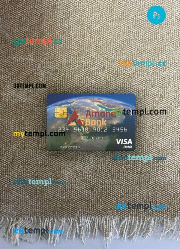 Somalia Amana Bank visa debit card PSD scan and photo-realistic snapshot, 2 in 1