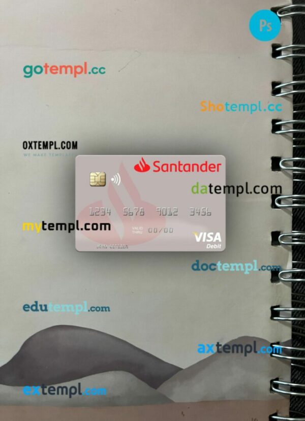 Spain Banco Santander visa debit card PSD scan and photo-realistic snapshot, 2 in 1