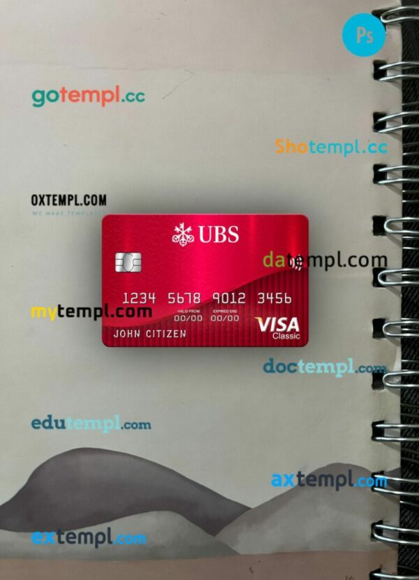Switzerland UBS bank visa classic card PSD scan and photo-realistic snapshot, 2 in 1