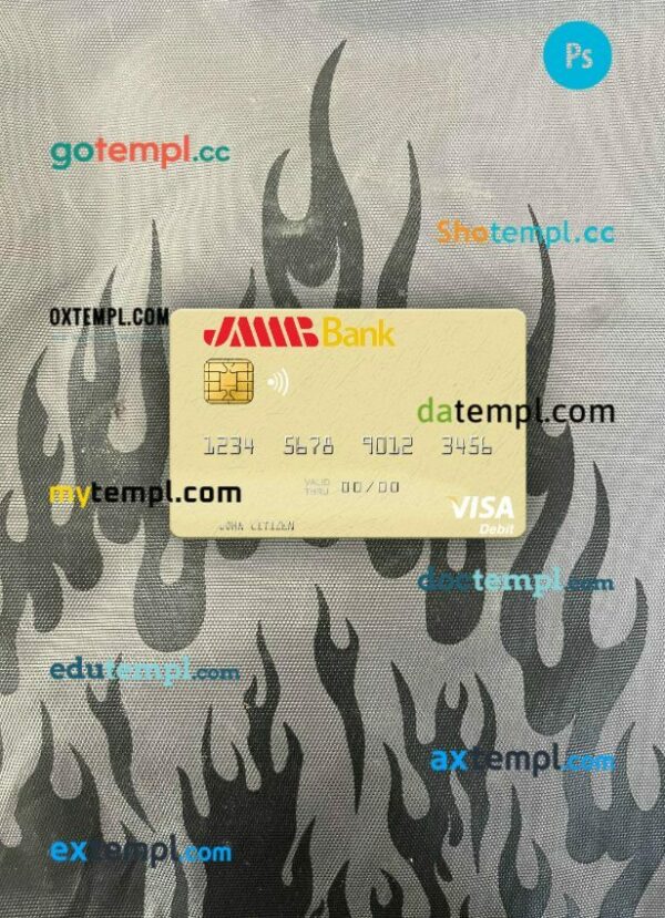 Tunisia JMMB Bank visa debit card PSD scan and photo-realistic snapshot, 2 in 1