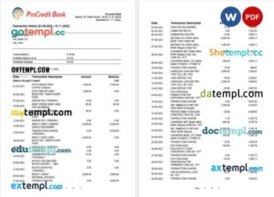Albania ProCreditBank bank statement Word and PDF template, 3 pages
