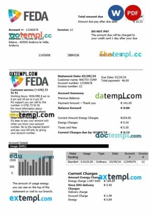 Andorra Electric Forces of Andorra business utility bill template in Word and PDF formats
