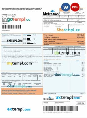 Argentina Metrogas easy to fill business utility bill template in Word and PDF formats