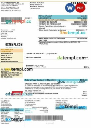 Argentina Telecom business utility bill template in Word and PDF formats fully editable, good for address prove