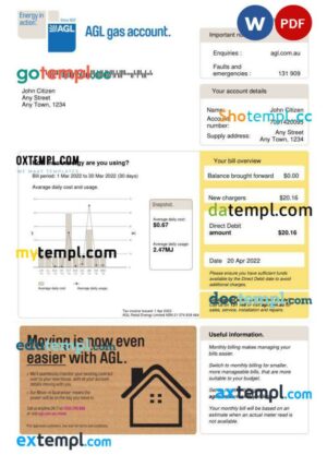 Australia AGL gas utility bill Word and PDF template, version 2