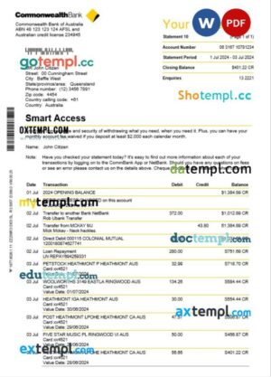 Australia Commonwealth bank statement Word and PDF template