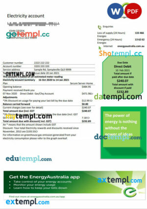 Australia Energy proof of address utility bill template in Word and PDF format