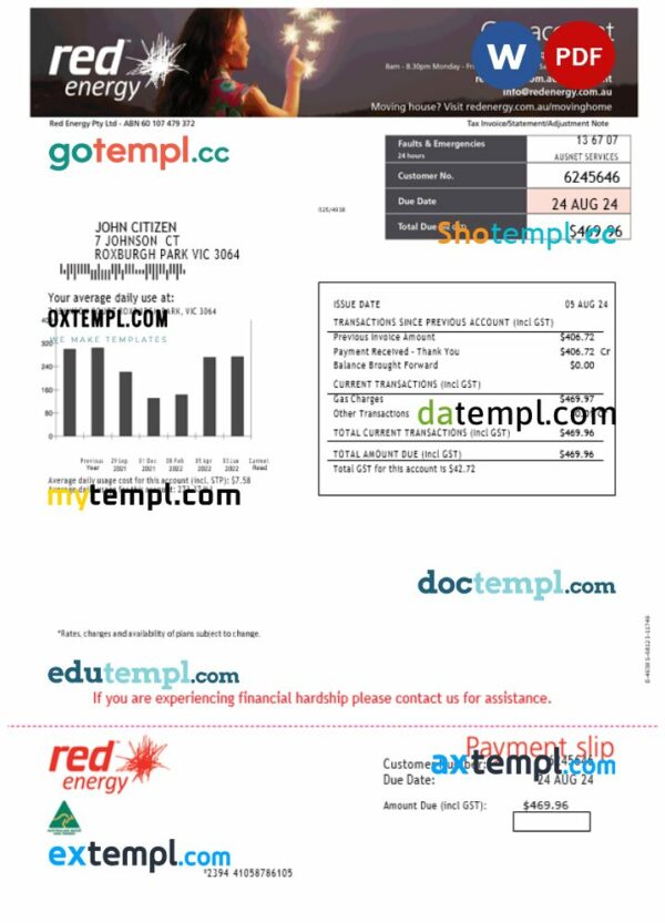Australia Red Energy utility bill download Word and PDF example