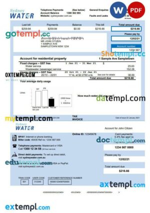 Australia Sydney water utility bill template, fully editable in Word and PDF format