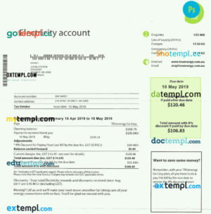 Australia Tru electricity utility bill template, fully editable in PSD format