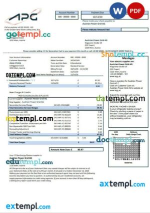 Austria Austrian Power Grid AG utility bill template in Word and PDF format