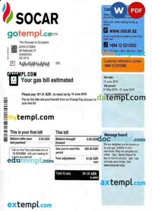 Azerbaijan Socar Gas utility bill template in Word and PDF format