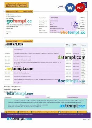 BAHRAIN BISB bank statement 3 - 6 months Word and PDF example