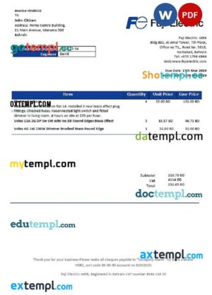 Bahrain Falcon Electrical S.P.C electricity utility bill template in Word and PDF format