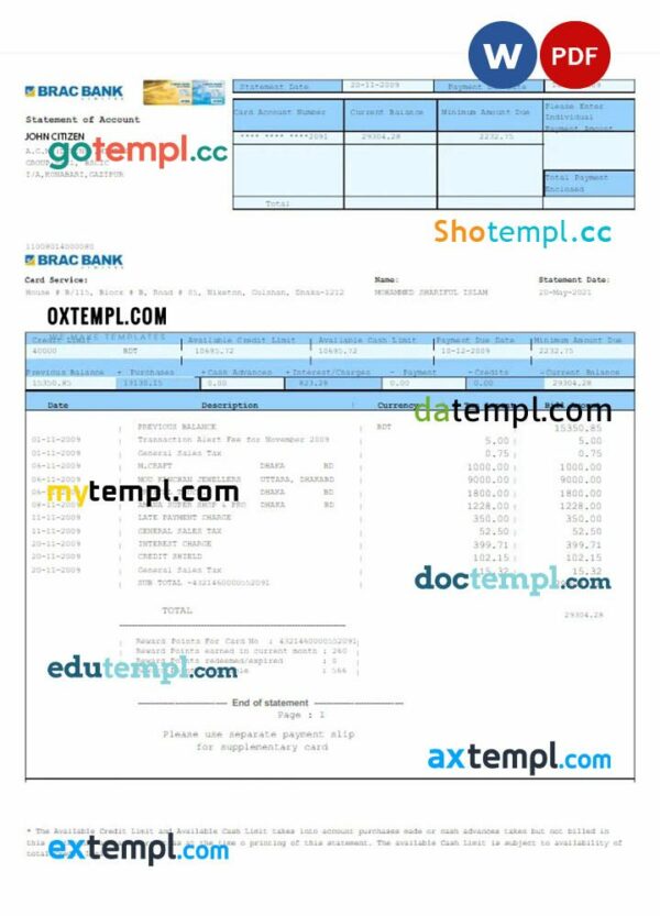 BANGLADESH BRAC Bank statement Word and PDF example