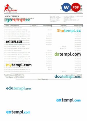 BANGLADESH CITY BANK statement Word and PDF example