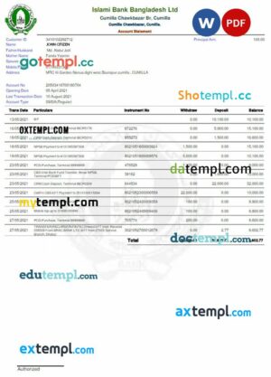 BANGLADESH ISLAMI BANK statement Word and PDF example