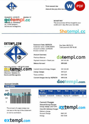Bosnia and Herzegovina Elektroprivreda BiH electricity utility bill template in Word and PDF