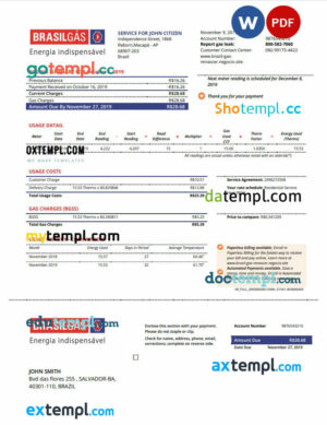 Brazil Gas utility bill template in Word and PDF format