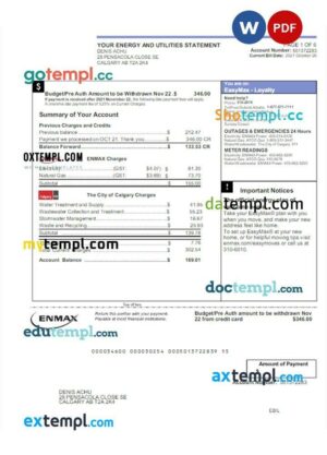 Canada Enmax utility bill Word and PDF template
