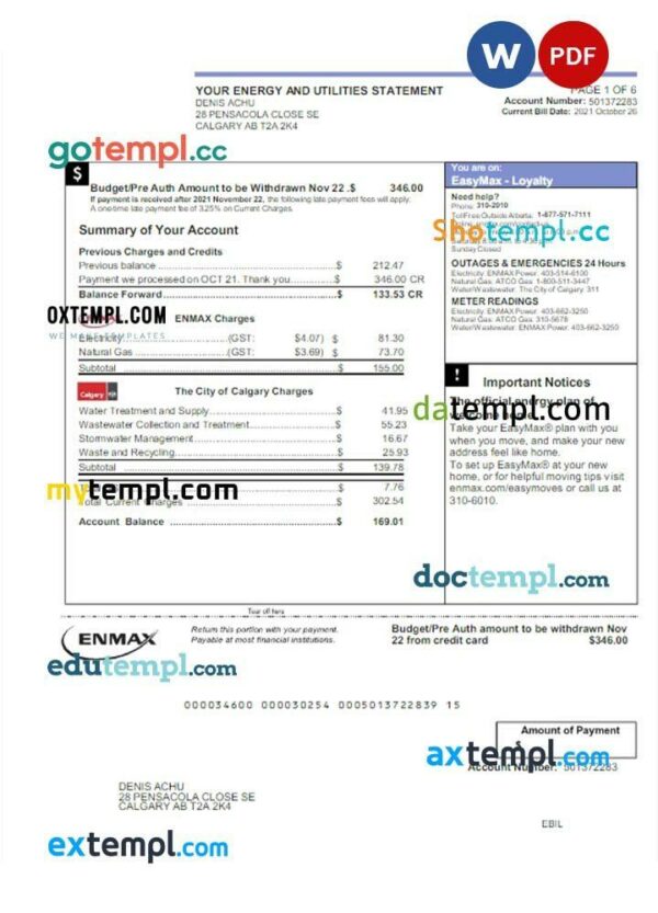 Canada Enmax utility bill Word and PDF template