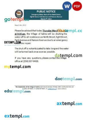 Canada British Columbia Hub of the Salmo Kootenays utility shut off notice, Word and PDF template