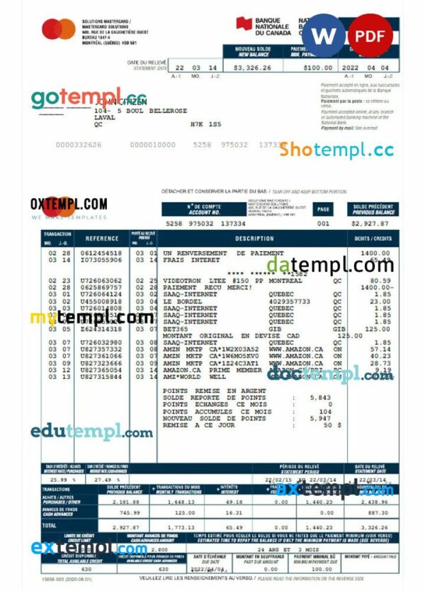 CANADA NATIONAL BANK OF CANADA bank statement 3 - 6 months Word and PDF example
