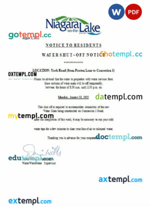 Canada Ontario Omega Contractors Inc. water utility bill shutoff notice, Word and PDF template