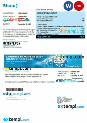 Canada Shaw utility bill template in Word and PDF format