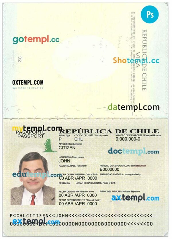 Chilean passport example in PSD format, version 2