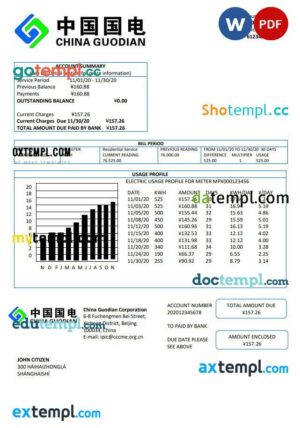 China Guodian Corporation electricity utility bill template in Word and PDF format
