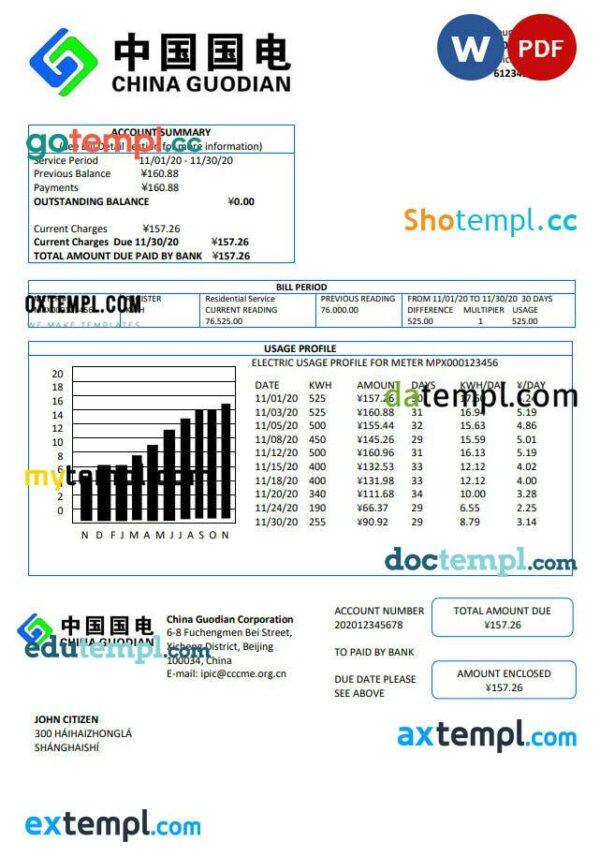 China Guodian Corporation electricity utility bill template in Word and PDF format