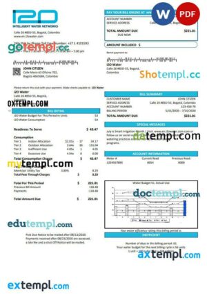 Colombia i2O Water utility bill template in Word and PDF format