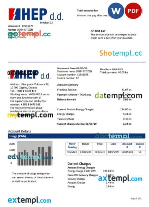 Croatia Hrvatska Elektroprivreda electricity utility bill template in Word and PDF format