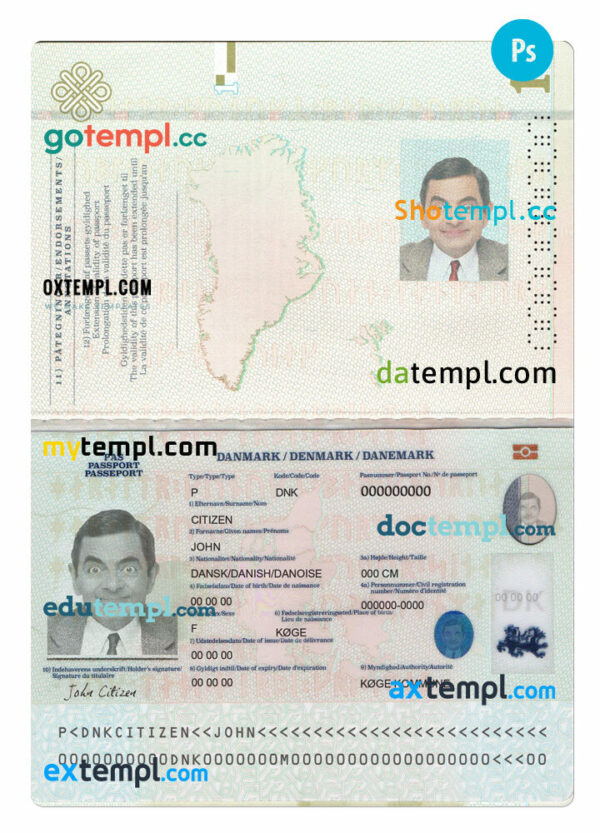 Denmark passport editable PSD files, scan and photo look templates, 2 in 1, 2022-present - Image 2