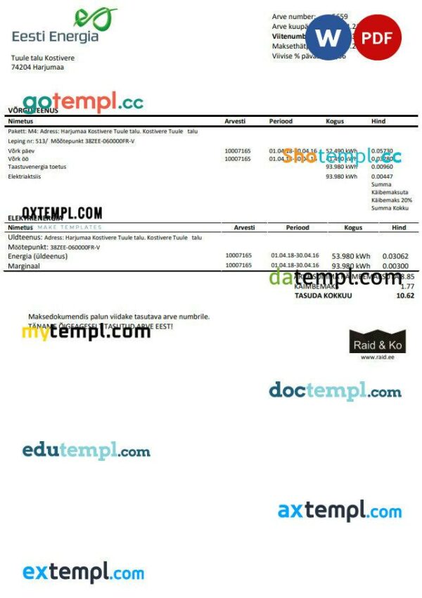 Estonia Eesti Energia electricity utility bill template in Word and PDF format