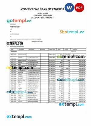 ETHIOPIA COMMERCIAL BANK OF ETHIOPIA statement Word and PDF example